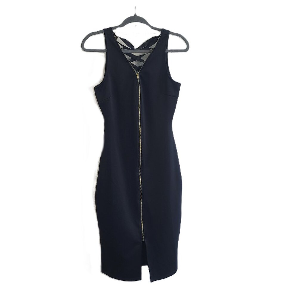 ALMOST FAMOUS Black Bodycon Dress Zip Front Crisscross Back Stretchy Medium